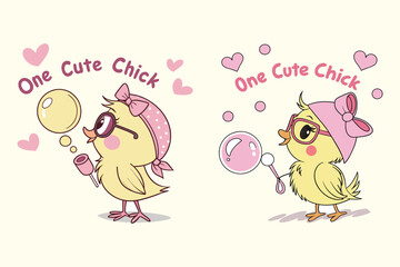 A digital illustration of a cartoon-style character, a cute Chick, Happy Easter vector isolated on a white background.