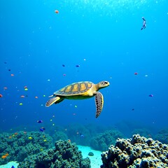 Fototapeta premium Majestic Sea Turtle Gracefully Swimming in Vibrant Coral Reef Ocean