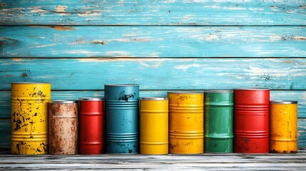 Fototapeta premium Colorful row of oil drums stacked together highlighting pollution concerns and environmental impact in industrial settings