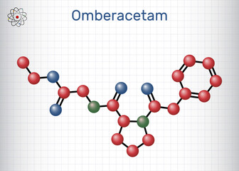 Omberacetam molecule. Synthetic nootropic compound from the racetam family. Molecule model. Sheet of paper in a cage. Vector i