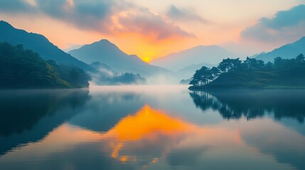 Serene anime mountain lake at dawn, water reflecting the fiery colors of the sunrise, surrounded by misty peaks and evergreen forests, tranquil and immersive tones. 