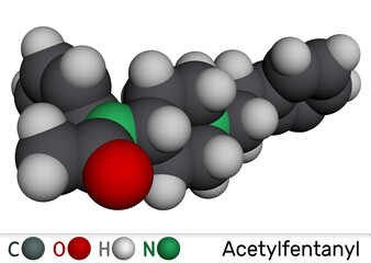 Acetylfentanyl molecule. Synthetic opioid analgesic from the fentanyl family. Molecular model. 3D rendering.