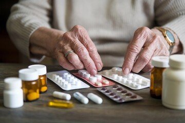 Elderly hands meticulously organizing various medications in a cozy indoor setting during the afternoon