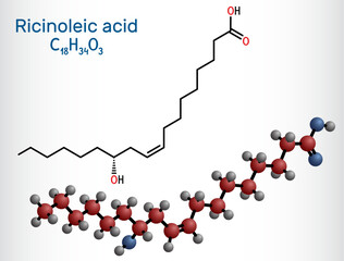 Ricinoleic acid molecule. Monounsaturated fatty acid, found in castor oil. Structural chemical formula, molecule model
