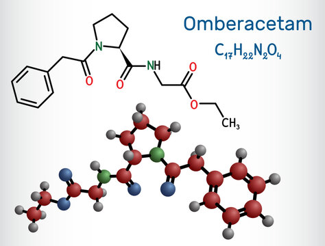 Omberacetam molecule. Synthetic nootropic compound from the racetam family. Structural chemical formula and molecule model. Vector i