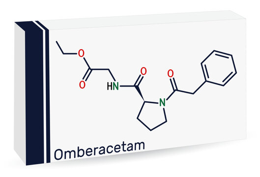 Omberacetam molecule. Synthetic nootropic compound from the racetam family. Skeletal chemical formula. Paper packaging for drugs. Vector