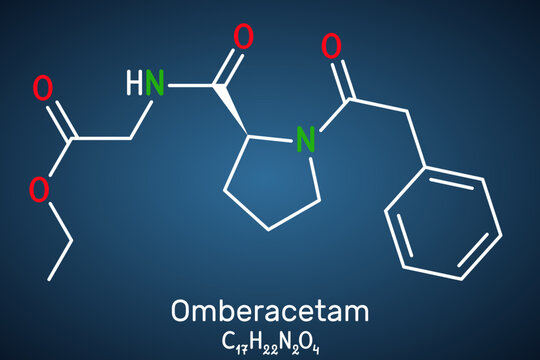 Omberacetam molecule. Synthetic nootropic compound from the racetam family. Structural chemical formula on the dark blue background. Vector i
