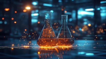 A scientific research in a digital science hub with soft light diffusion, showcasing liquid chemistry reactions and futuristic scientific advancements
