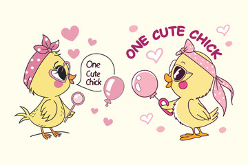 A digital illustration of a cartoon-style character, a cute Chick, Happy Easter vector isolated on a white background.