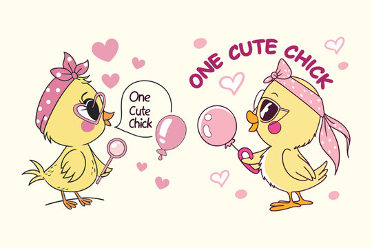A digital illustration of a cartoon-style character, a cute Chick, Happy Easter vector isolated on a white background.