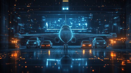 Obraz premium Futuristic Airplane in Hangar with Cars and Digital Data