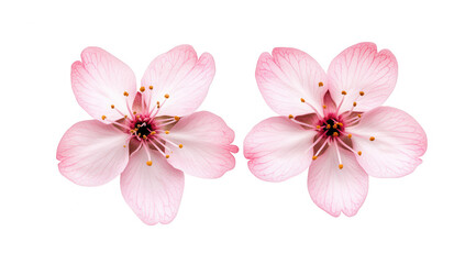 Obraz premium two delicate pink cherry blossom flowers with soft petals and prominent yellow stamens symbolizing beauty and renewal