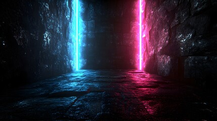 Two colorful neon light pillars illuminating a dark stone chamber