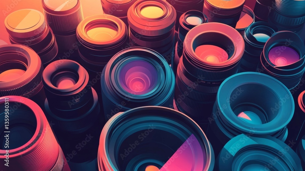 Wall mural an array of colorful camera lenses in a dynamic composition