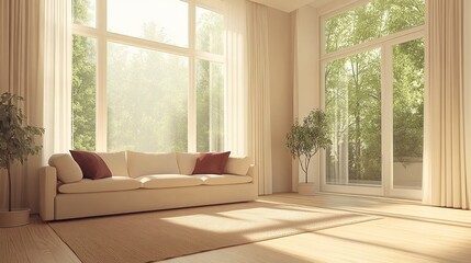 Simple modern living room interior with a beige sofa featuring burgundy red accents, large windows bringing in natural light, minimalist furniture perfect for mockups and advertising.  