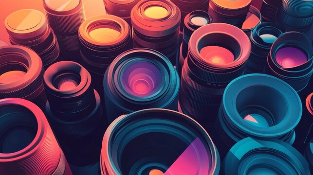 an array of colorful camera lenses in a dynamic composition