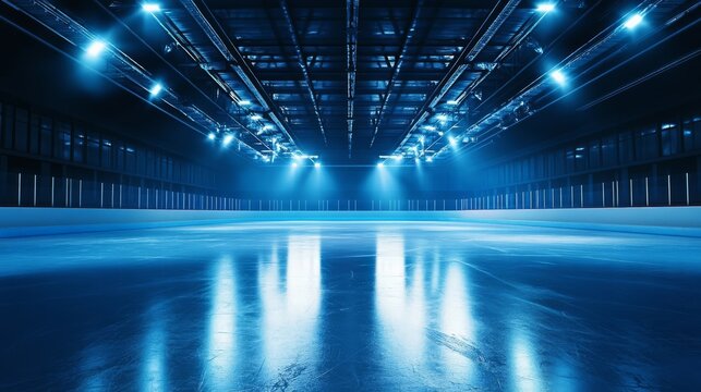 Hockey rink illuminated by bright spotlights shining onto the ice with a modern structure