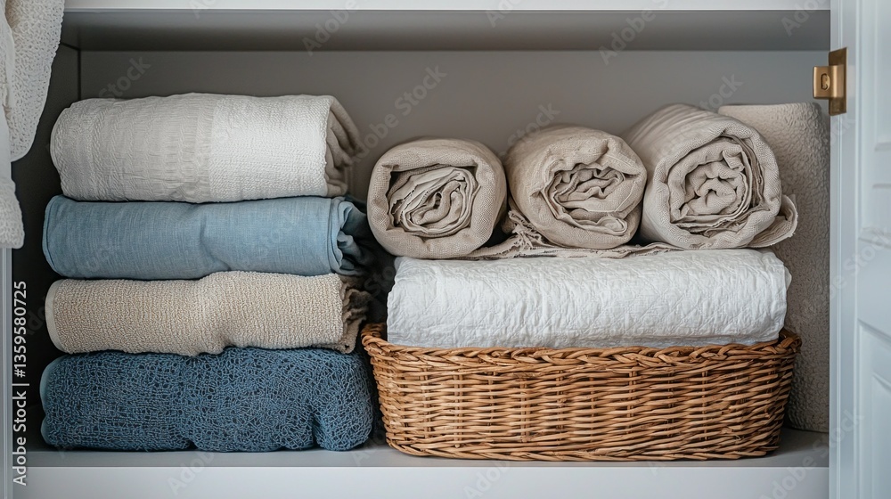 Poster an inviting linen closet displays a collection of carefully arranged towels and blankets, harmonizin