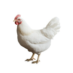 Fototapeta premium white chicken showcasing its feathers and distinctive features like the comb and wattles highlighting its natural appearance