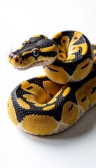 Fototapeta premium A close-up of a striking yellow and black python on a white background.