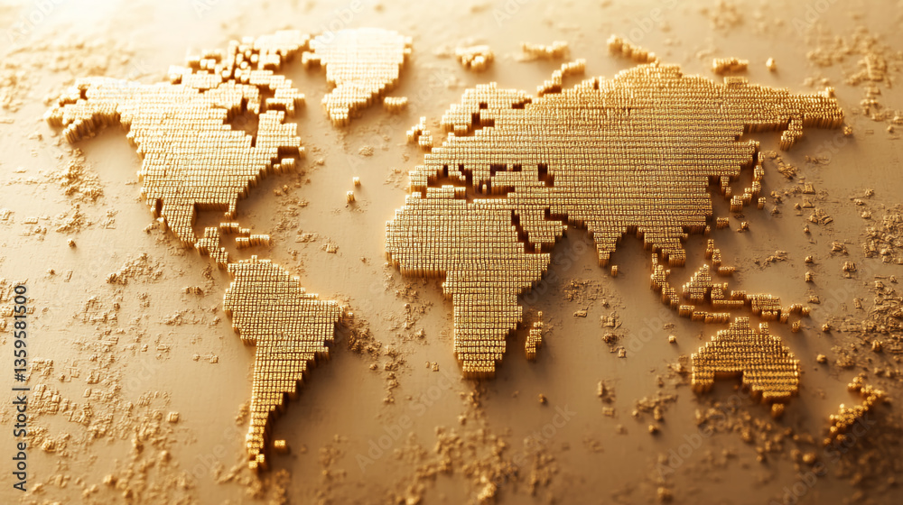 Poster golden textured world map, showcasing global connection and unity, ideal for business or travel them