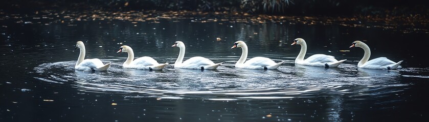 Fototapeta premium A group of swans gliding across a glassy pond, creating gentle ripples