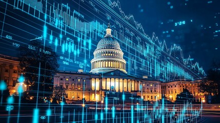 A digital representation of the U.S. Capitol building overlayed with financial data graphs, symbolizing the intersection of politics and economics.