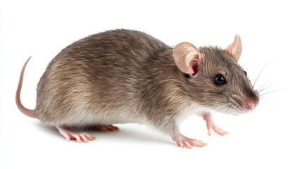 a brown rodent with a long tail stands on a stark white background looking to the right