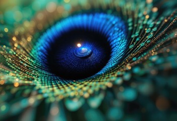 Naklejka premium Abstract Peacock Feather Detail with Vibrant Blue and Gold Colors