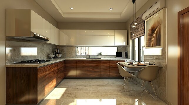 Sophisticated 1 BHK apartment with contemporary interiors, cozy living room with modern furnishings, sleek kitchen and bedroom design, compact yet luxurious.  