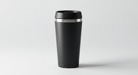 Sleek Black Travel Mug Mockup for Branding and Design Projects, Insulated Stainless Steel Coffee Cup with Lid