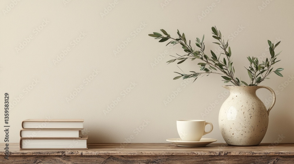 Poster a serene morning tableau captures a soft ceramic pitcher adorned with olive branches beside a simple