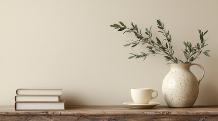 Fototapeta premium A serene morning tableau captures a soft ceramic pitcher adorned with olive branches beside a simple cup and saucer. Stacked books lay on a rustic wooden table beneath a calming beige wall