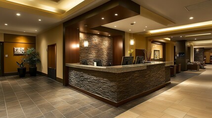 Sophisticated hotel reception area featuring a smooth stone counter, elegant floor tiles, and modern lighting fixtures for a refined appearance. 