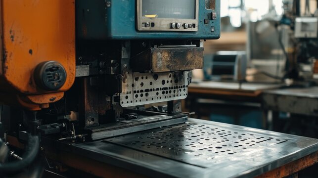 Automated metal stamping machine pressing sheet metal into intricate parts on a polished steel workbench