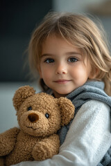 A young girl is holding a teddy bear and smiling