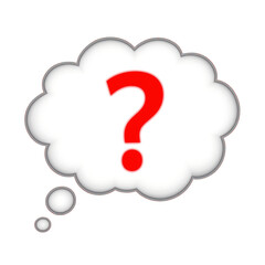 Bright red question mark in a thought bubble symbolizing curiosity and uncertainty set against a clean white backdrop