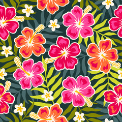 Fototapeta premium Hibiscus flower, frangipani and tropical leaf seamless pattern design for summer holidays background.