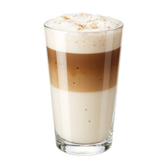 Close up of a layered latte in a transparent glass showcasing rich espresso and frothy steamed milk Perfect for coffee lovers