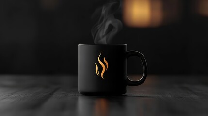 a steamy black mug on a dark surface featuring a golden stylized flame logo under dim lighting