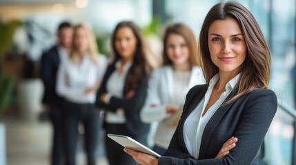 A businesswoman holding a tablet displaying social media ads with a creative marketing team behind her.