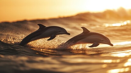 Fototapeta premium A cinematic capture of dolphins emerging from waves, their silhouettes outlined against the soft, golden twilight