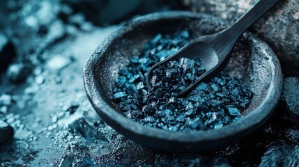 Rustic bowl with black sea salt and spoon