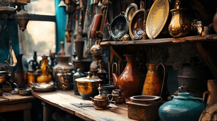 Vintage workshop with copper and brass kitchenware