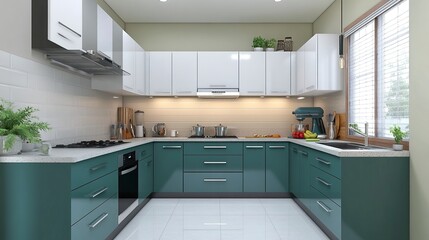 Stylish 1 BHK flat with elegant furnishings, modern kitchen with clean lines, living area bathed in soft light, vibrant accents adding charm, compact yet spacious design.  