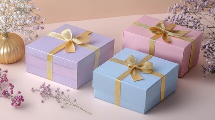 pastel colored gifts with gold ribbons arranged with delicate floral accents