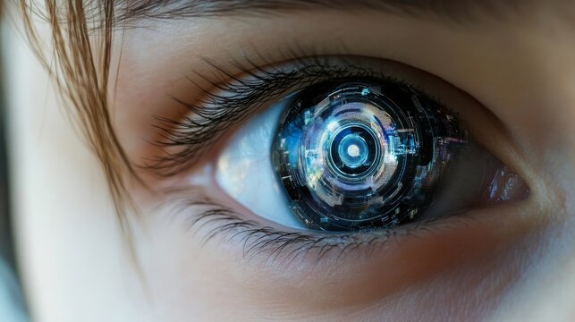 close-up view of a cyborg eye with futuristic digital display as iris