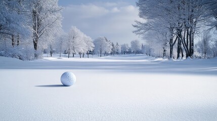 golfing in winter: a golf ball rests on a snowy golf course under a pale sky amidst snow-covered trees