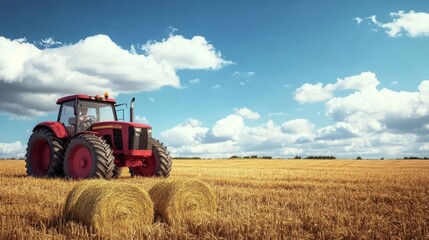 Obraz premium Red tractor in golden wheat field with hay bales under a blue