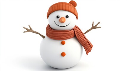 a cheerful snowman adorned with an orange scarf and hat against a pure white background